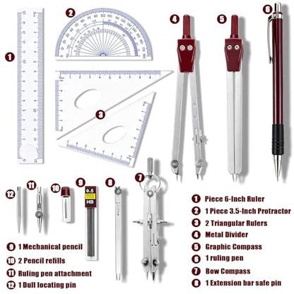 Compass Geometry Tool, 13PCS Compass and Protractors Set Math Geometry Drawing Tool Precision Set Graphic Compasses Triangle Rulers Pencils Protractor with Storage Case (Brown) - color: Brown