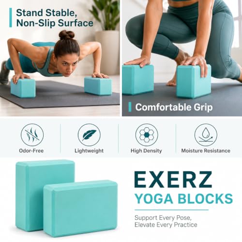 EXERZ Yoga Blocks 2 pack, Gym Blocks, Exercise Workout Fitness Bricks, Pilates Stretch Handstand Non-Slip - color: Turquoise