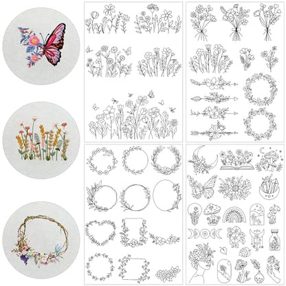 Stick & Stitch Embroidery Transfer Paper - Embroidery Paper Wash Away, 4 Sheet Water Soluble Stabilizer for Embroidery, Flower Frame Butterfly Mushroom Moon Arrow Flower, Hand Sewing Crafts - style: boho 1306