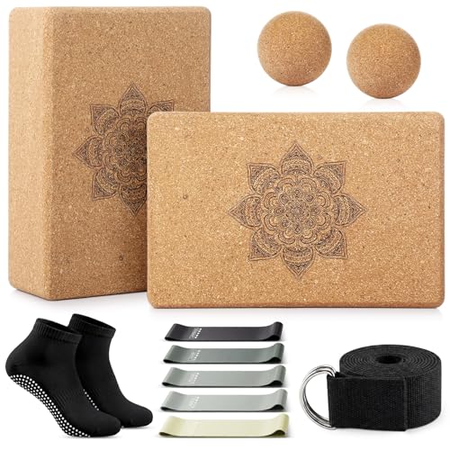 Outus 2 Pcs Yoga Accessories Cork Yoga Blocks Set 2 Cork Fascia Balls 5 Gray Gradient Series Resistance Bands 2 Black Socks and Balck Stretching Strap for Women Pilates, Stretching and Toning