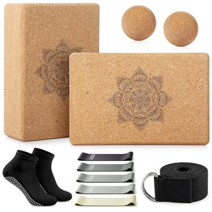 Outus 2 Pcs Yoga Accessories Cork Yoga Blocks Set 2 Cork Fascia Balls 5 Gray Gradient Series Resistance Bands 2 Black Socks and Balck Stretching Strap for Women Pilates, Stretching and Toning