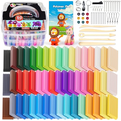 CiaraQ 50-Color Polymer Clay Oven Bake Modeling Kit | 5 sculpting tools, 2-layer storage box, acc. pack, guide. Great for school, home, gifts, kids & artists. - color: 50 Colors, size: 25g / pcs