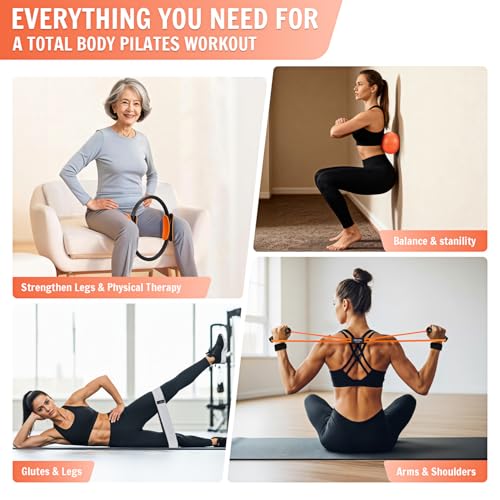 UZTUGG Pilates Equipment Kit at Home for Women, 4-in-1 Workout Essential Set with Pilates Ring, Fabric Resistance Bands, Figure 8 Resistance Band, Pilates Ball–Full Body Toning, Yoga & Stretching - color: orange pilates kit