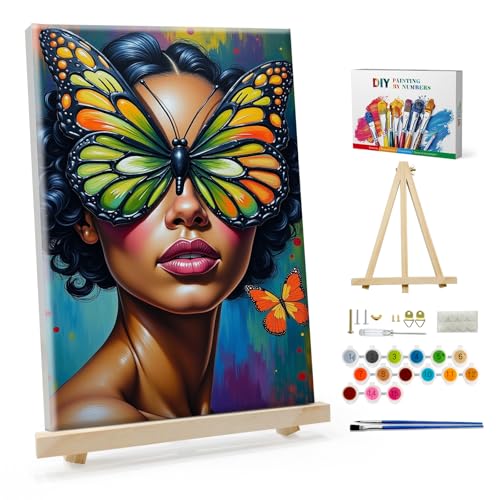 SparkGlow Butterfly Woman Framed Paint by Numbers Kit for Adults | 8×12 Inch Painting by Numbers | Include Easel | Premium Materials | Relax and Fun | Number Painting for Gifts | Home Decor - color: Woman029
