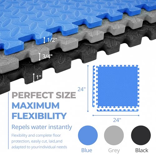 HulkFit Puzzle Exercise Mat, 3/4 Inch EVA Interlocking Foam Gym Flooring for Home Gym, Garage, Apartments, High-Density Shock-Absorbing Floor Tiles for Workout Equipment, MMA, Gymnastics, 24 Tiles - color: Blue