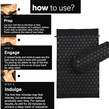 Acupressure Mat and Pillow Set for Back/Neck Pain Relief and Muscle Relaxation (Black/Black)