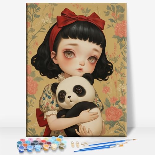 Aeontinity Doll Panda Gothic Framed Canvas DIY Paint by Numbers Kit Bar Cafe Cave Home Room Wall Bathroom Porch Patio Decor Gift, 16 x 12 Inch - color: DOLL PANDA