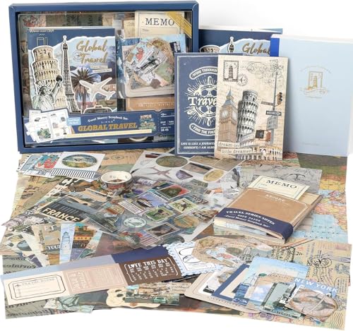 ATIRAMANIYA 346pcs Vintage Scrapbook Kit Aesthetic Junk Journal Set with Stickers, Washi Tape, A6 Notebook & Decorative Paper, All-in-One Scrapbook Kit Stationery (Global Travel) - color: Global Travel