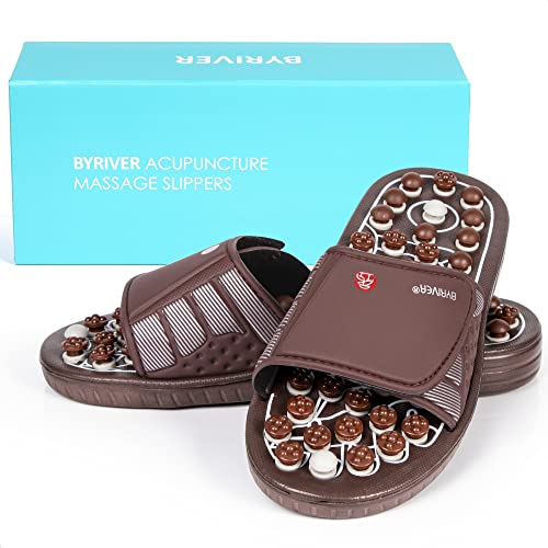 BYRIVER Acupressure Foot Massage Mat, Reflexology Tools, Spiky Ball Roller Therapy Sandals Shoes Slippers, Relief Muscle Fatigue, Sciatica, Heel, Lower Back Pain (03L) - color: Brown Spring Slippers, size: L-Men(9.5-10.5)