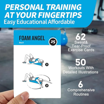 Foam Roller Workout Cards, 62 Exercises Cards Deck Large Size 5" x 3.5" Fitness Cards for Women & Men, Beginner Fitness Guide to Training Exercises at Home or Gym - style: Foam Roller
