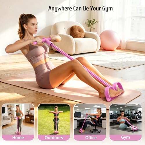 7F 2026 Pedal Resistance Band with Handles, 6-Tube Elastic Exercise Band for Abdomen/Waist/Arm/Leg, Durable Natural Rubber Home Gym Fitness Equipment, Pink