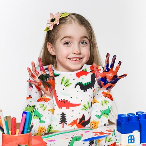 Kids Art Smocks Dinosaur Painting Aprons for Children Waterproof Artist Smock with Long Sleeve and 3 Pockets for Age 3-8 Years (White) - color: Dinosaur (White)