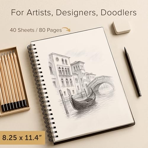 Artist’s Sketchbook Hardcover – 200GSM Very Thick Paper – Large, Spiral Sketch Book for Drawing and Mixed Media – Sketch Pad, Art Book - 8.25 x 11.4, 40 Sheets / 80 Pages - size: 8.25 x 11.4 inches