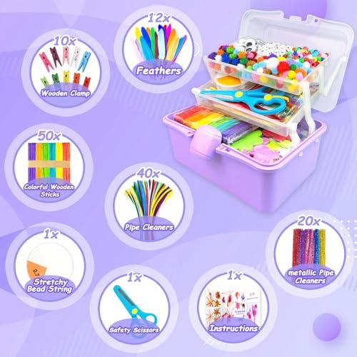 3000 Arts and Crafts Supplies for Kids Craft Kit Craft Box with Pipe Cleaners Arts and Crafts for Kids Age 4-6, 6-8, 8-12 DIY School Supplies Materials Set Toys Gifts for Girls Boys Toddlers, Purple - color: purple