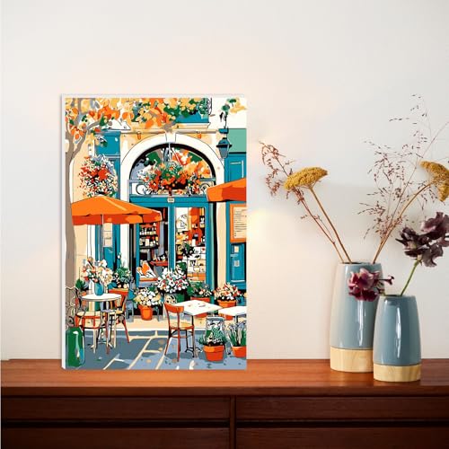 Lxmsja Street Café Paint by Numbers Kit for Adults, Street Scenes Acrylic Paint by Numbers for Adults Beginner, DIY Craft Supplies Oil Painting Kits for Home Wall Decor 8x12 inch (Framed) - color: green#087