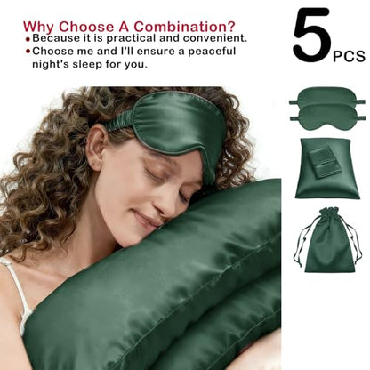 5Pcs Silky Sleep Mask Eye Masks Breathable Soft Satin Pillowcases Set for Sleeping Similar to Silk Pillowcase Travel Gift - color: Evergreen-queen Size