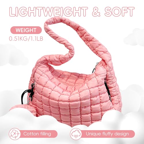 Puffer Tote Bag for Women, Large Quilted Puffer Bag with Pouch, Puffy Quilted Hobo Bag, Puff Crossbody Purse - color: 2-pink