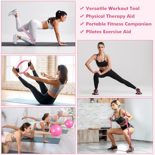 Goocrun Pilates Ring Set Exercise Equipment, with Exercise Resistance Bands Set, Pilates Ball, Sliding Disks. Portable Home Gym - with Fitness Guide Poster - color: Pink, size: Mid-level