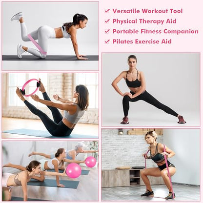 Goocrun Pilates Ring Set Exercise Equipment, with Exercise Resistance Bands Set, Pilates Ball, Sliding Disks. Portable Home Gym - with Fitness Guide Poster - color: Pink, size: Mid-level