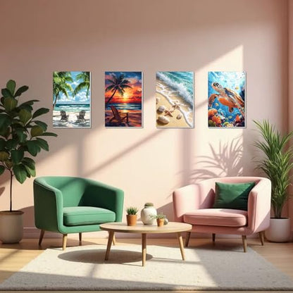 4 Pack Framed Paint by Numbers Kit for Adults Beginner Canvas Painting by Numbers for Adults Beach Easy Adult Paint by Number Kits with Frame Sea Turtle Watercolor Painting by Number 8x12 Inch - color: YFf0104