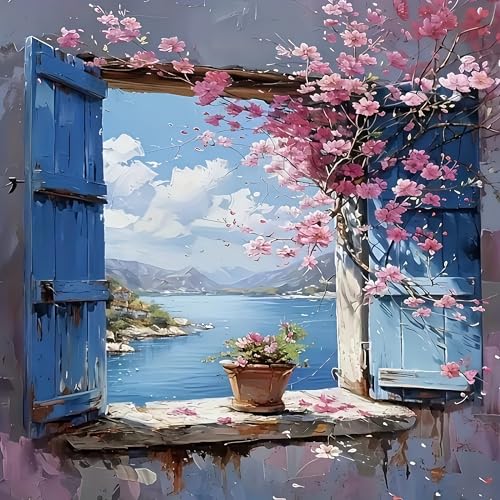5D Blossom Window Diamond Art kits for Adults Beginners 13.7x 13.7 Inch | Scenery Diamond Painting Kit DIY Full Round Drill Paint by Diamonds Dot Gem Art for Adult, Home Wall Decor - color: KM944-1