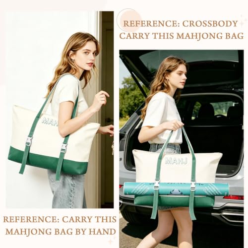Mahjong Bag Storage Carrying Case for Tiles with Shoulder Strap (Green) | 3-Bag System, External Mat Strap, Large Capacity, Lightweight Canvas, Reinforced Stitching, Fast Packing. - color: Green