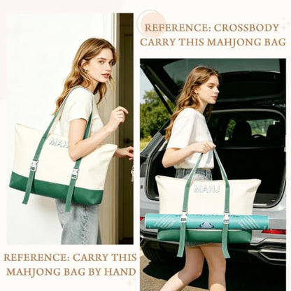 Mahjong Bag Storage Carrying Case for Tiles with Shoulder Strap (Green) | 3-Bag System, External Mat Strap, Large Capacity, Lightweight Canvas, Reinforced Stitching, Fast Packing. - color: Green