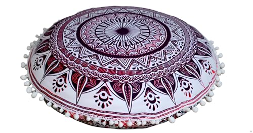 CRAFT KALA Pink Trishul Mandala Boho Floor Cushion Cover, 22"D x 22"W x 2"H, Cotton Fill, Round, Boho Chic, Indoor Use - color: Pink Trishul, size: 22"