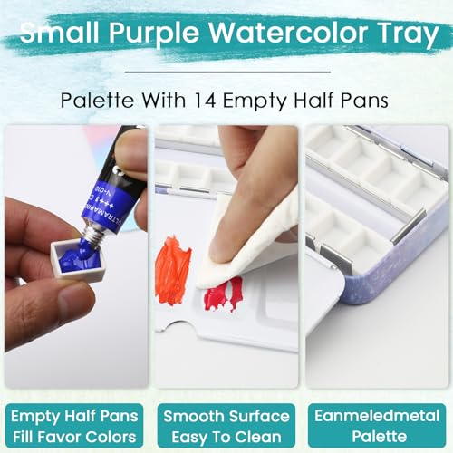 Metal Watercolor Palette - Empty with 14 Half Pans - Travel Palette for Gouache, Watercolor, Acrylic Painting - Purple - style: Galaxy