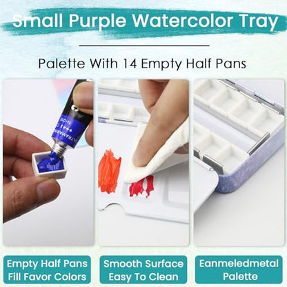 Metal Watercolor Palette - Empty with 14 Half Pans - Travel Palette for Gouache, Watercolor, Acrylic Painting - Purple - style: Galaxy