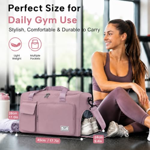 FIORETTO Women's Gym Duffle Bag with Shoes Compartment, 30L Capacity, Ideal for Travel, Gym, Sports, Duffel, Weekender - color: Grayish Pink, style: Gym Bag