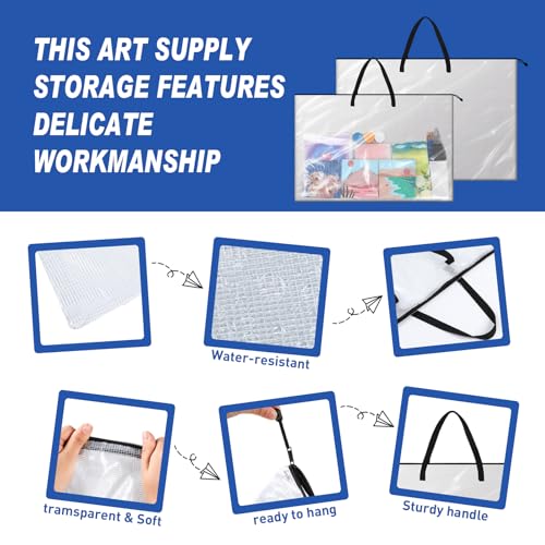 Tenceur 2 Pcs Art Portfolio Case 24 x 36 and 48 x 36 Inch Large Poster Storage Bag PVC Art Portfolio Container with Zipper and Handle Bulletin Board Clear Storage Folder for Artwork