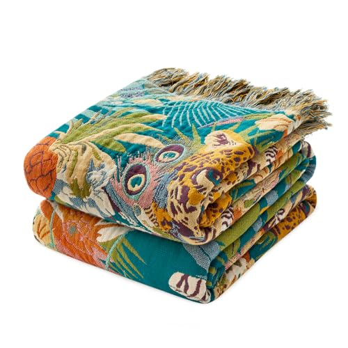 MSGKV Boho Throw Blanket 50"x60" Summer Cotton Leopard Animals Blanket | Muslin Throw, Leopard Animal Pattern, Reversible Woven, Lightweight Comfort, Farmhouse Decor, All Seasons, Machine Washable - color: Leopard Forest, size: 50"x60"