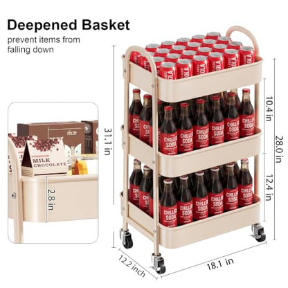 Beige 3 Tier Rolling Cart Metal with Wheels,Tan Three Tiered Bedside Carts | Utility Storage Organizer Trolley on Wheels for Art, Craft, Diaper Caddy,Nursing,Postpartum,Baby Essentials,Bathroom Supplies - color: Light Beige