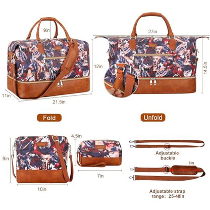 ITIEZY Weekender Bag for Women 21.5" Travel Duffel Large Carry On Bag 3PCS | Nylon Duffel Bag with Waterproof Shoe Compartment, Crossbody Bag and Toiletry Bag, Travel Weekend Hospital Overnight Gym Bag - color: 8-Purple Leaf
