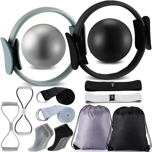 Poen Pilates Equipment Kit for Home Workout Pilates Ring and Ball Set for Women 12'' Circle Yoga Fitness Essentials Kit with Resistance Bands, Yoga Strap, Socks,Bag - color: Black,Gray