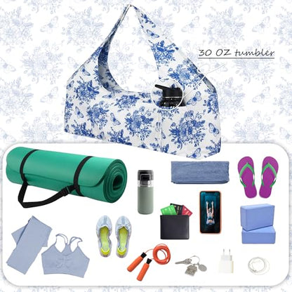 Large Yoga Mat Bag Yoga Bags and Carriers Fits All You Stuff Yoga Tote Bag with Yoga Mat Strap, Elastic Pockets and Zipper Pockets - color: white blue