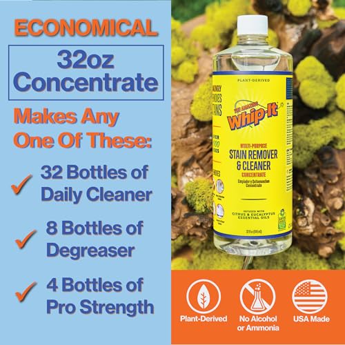 Whip It Cleaner, Multi Purpose Stain Remover CONCENTRATE, Makes 32 Bottles, Plant Based Enzyme Cleaner, Cleaning Food, Grease, Coffee, Wine, Baby Stains, pet stains, Over 500 uses, Made in USA, 32 OZ