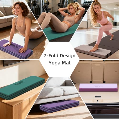 HAHE 7-Fold Design Extra Thick Yoga Mat 72"L x 24"W x 0.47", TPE | Fitness Exercise Mats, Non-Slip Foldable Yoga Mat, High Density, Portable for Men & Women, Yoga, Pilates, Home Gym - color: Brown & Beige