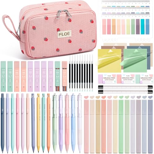 62PCS Aesthetic School Supplies Cute Back to School Supplies Stationary Set | College Preppy Essentials Kit with Large Pencil Pouch Case, Pastel Highlighters Gel Pens Mechanical Pencils for Student Girls - color: Pink Strawberry