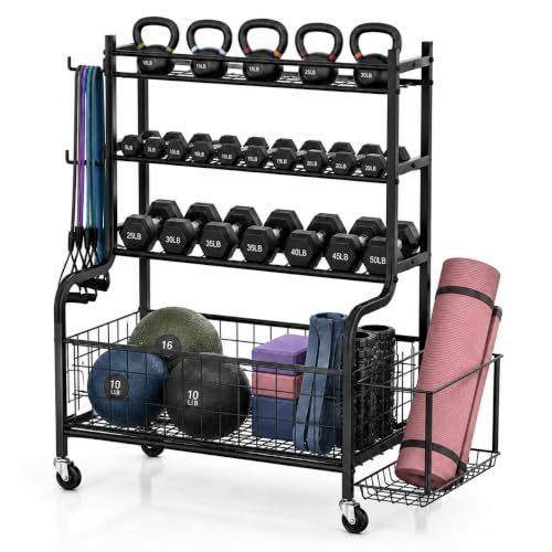 4-Tier Home Gym Storage Rack with Wheels and Hooks, Dumbbell Stand | 340 lbs 4-Tier Dumbbell Rack, Kettlebell Stand and Sports Equipment Organizer for Home Gym, Garage, Apartment