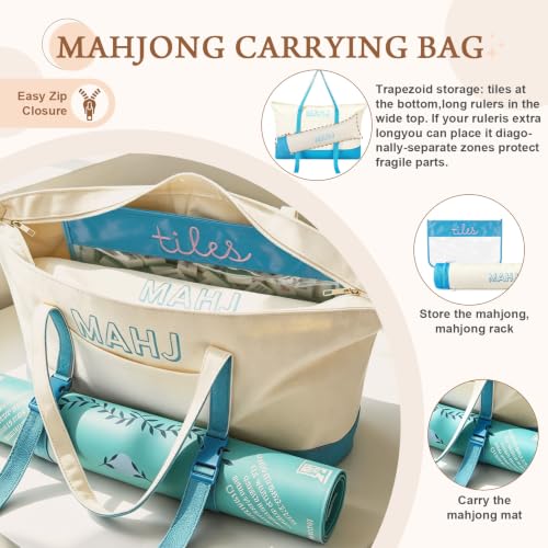 Mahjong Bag Storage Carrying Case for Tiles with Shoulder Strap (Blue) | 3-Bag System, External Mat Strap, Large Capacity, Lightweight Canvas, Reinforced Stitching, Fast Packing. - color: Blue