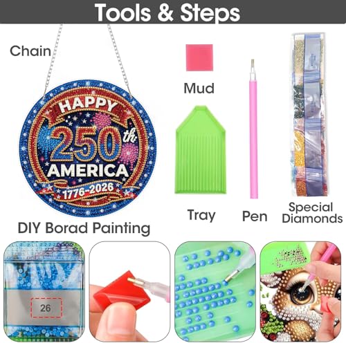 ARPADAMO Hanging Ornament Diamond Art Kits for Adult Anniversary 7.2x7.2in | 5D DIY Special Shaped Crystal Independence Day 250th America Patriotic Diamond Painting Kit,Window Hanging Gift Home Garden - color: DP03973