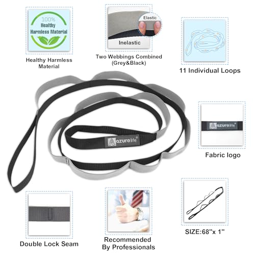A AZURELIFE Half-Elastic Stretch Straps with 11 Loops, Stretching Strap for Physical Therapy, Multi-Loop Yoga Strap Fitness Exercise Strap for Yoga, Pilates, Dance, Flexibility&Exercise - color: Half Elastic-Gray