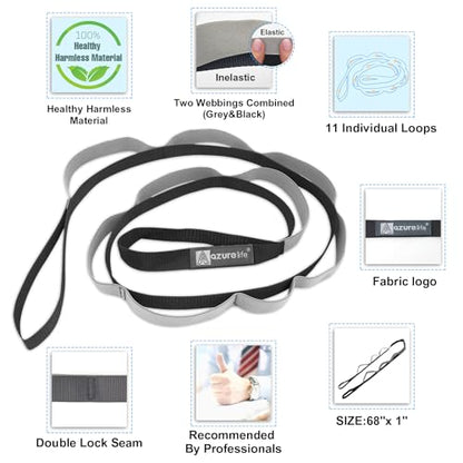 A AZURELIFE Half-Elastic Stretch Straps with 11 Loops, Stretching Strap for Physical Therapy, Multi-Loop Yoga Strap Fitness Exercise Strap for Yoga, Pilates, Dance, Flexibility&Exercise - color: Half Elastic-Gray