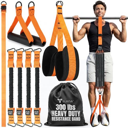 Pull Up Assistance Bands, Heavy Duty 300 lb Pull Up Bands Assistance Bands, 4 Adjustable Resistance Bands, Padded Handles, Foam Foot Cradle, Anchor Strap for Chin Ups, Dips & Strength Training - color: Orange