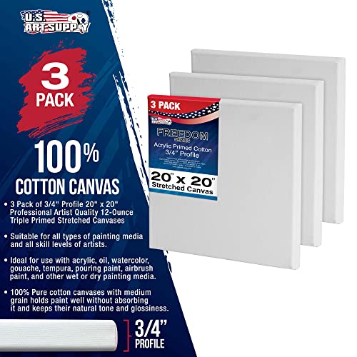 U.S. Art Supply 20 x 20 inch Stretched Canvas 12-Ounce Triple Primed, 3-Pack - Professional Artist Quality White Blank 3/4" Profile, 100% Cotton, Heavy-Weight Gesso - Acrylic Pouring, Oil Painting - size: 20" x 20"