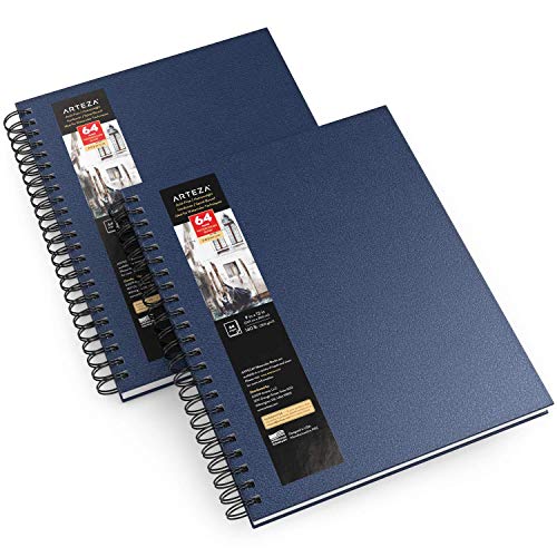 ARTEZA Watercolor Sketchbook 2-Pack, 9x12 Inches – 64 Pages Each, Cold Press 140 lb Paper, Spiral-Bound Hardcover Journal for Artists & Mixed Media - color: Blue, size: 9x12 inch - 2 pack