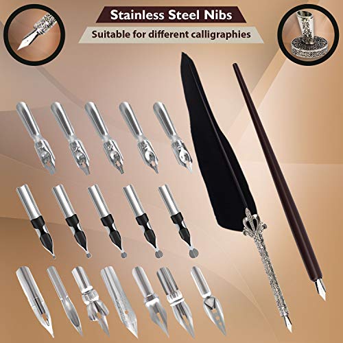 Calligraphy Set for Beginners, Wooden Dip Pen, Feather Quill, 19 Nibs, Ink Set, Gift Box