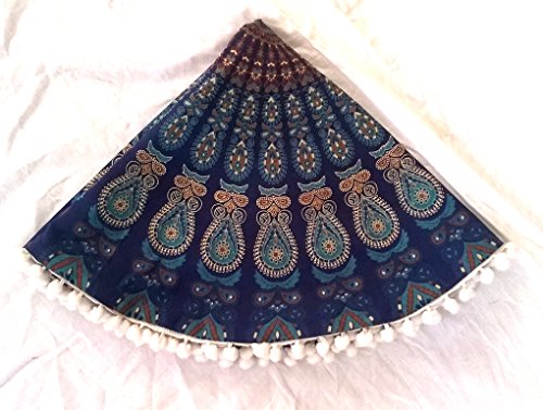 22" Blue Mandala Barmeri Round Floor Pillow Cover Cushion Meditation Seating Ottoman Throw Cover Hippie Decorative Zipped Bohemian Pouf Pom Pom Pillow Case